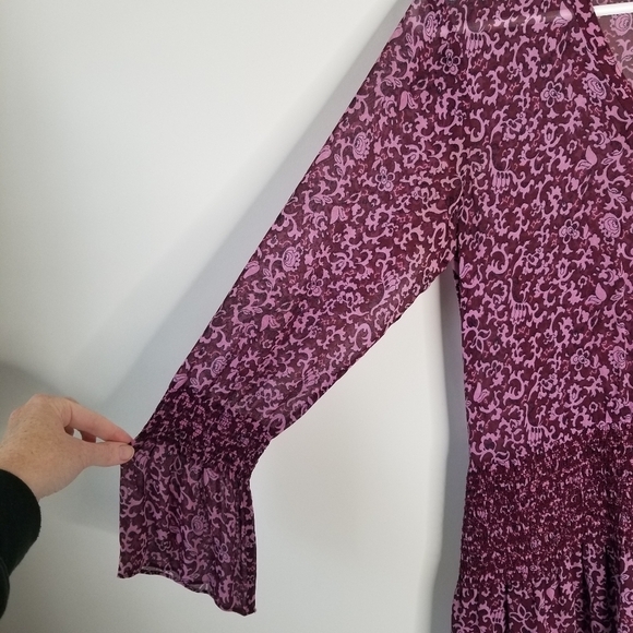 Derek Lam 10 Crosby Purple Floral Sheer Smocked Mini Dress Long Flutter Sleeves - Picture 11 of 14